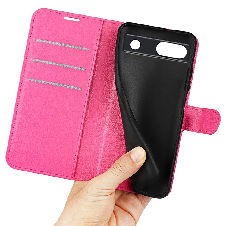 PU Leather Shell for Google Pixel 7a Drop-proof Litchi Texture Phone Case Wallet Stand Flip Cover - Rose