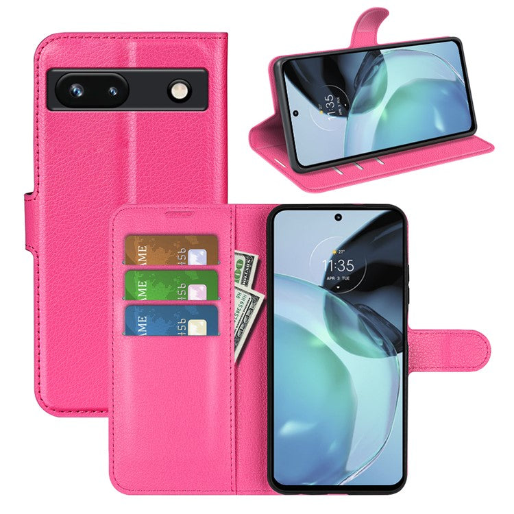PU Leather Shell for Google Pixel 7a Drop-proof Litchi Texture Phone Case Wallet Stand Flip Cover - Rose