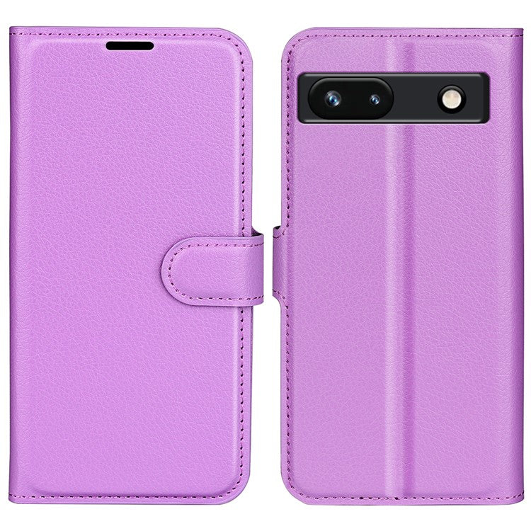 PU Leather Shell for Google Pixel 7a Drop-proof Litchi Texture Phone Case Wallet Stand Flip Cover - Purple