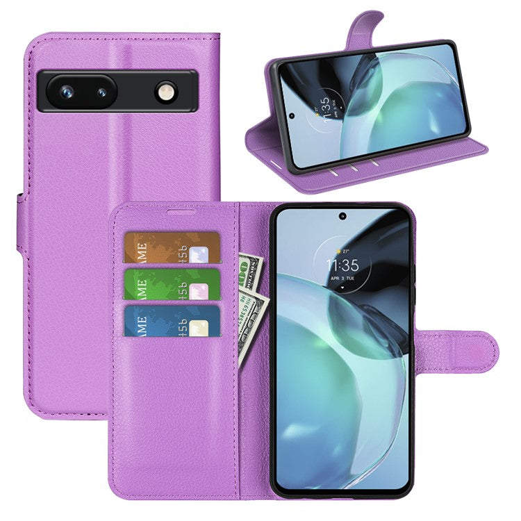 PU Leather Shell for Google Pixel 7a Drop-proof Litchi Texture Phone Case Wallet Stand Flip Cover - Purple