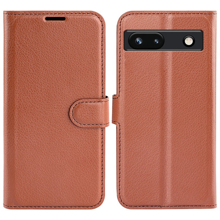 PU Leather Shell for Google Pixel 7a Drop-proof Litchi Texture Phone Case Wallet Stand Flip Cover - Brown