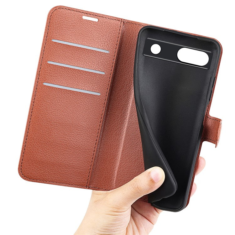 PU Leather Shell for Google Pixel 7a Drop-proof Litchi Texture Phone Case Wallet Stand Flip Cover - Brown