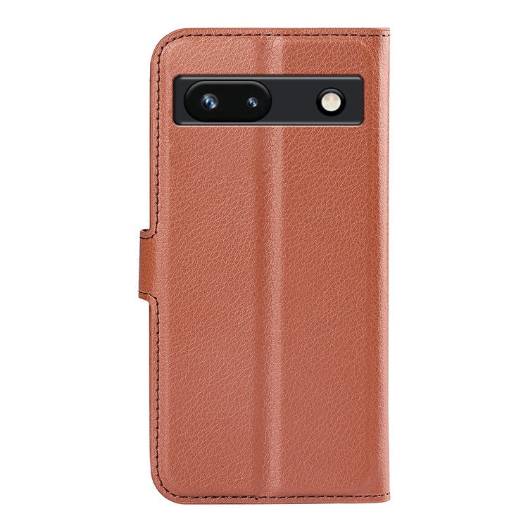 PU Leather Shell for Google Pixel 7a Drop-proof Litchi Texture Phone Case Wallet Stand Flip Cover - Brown