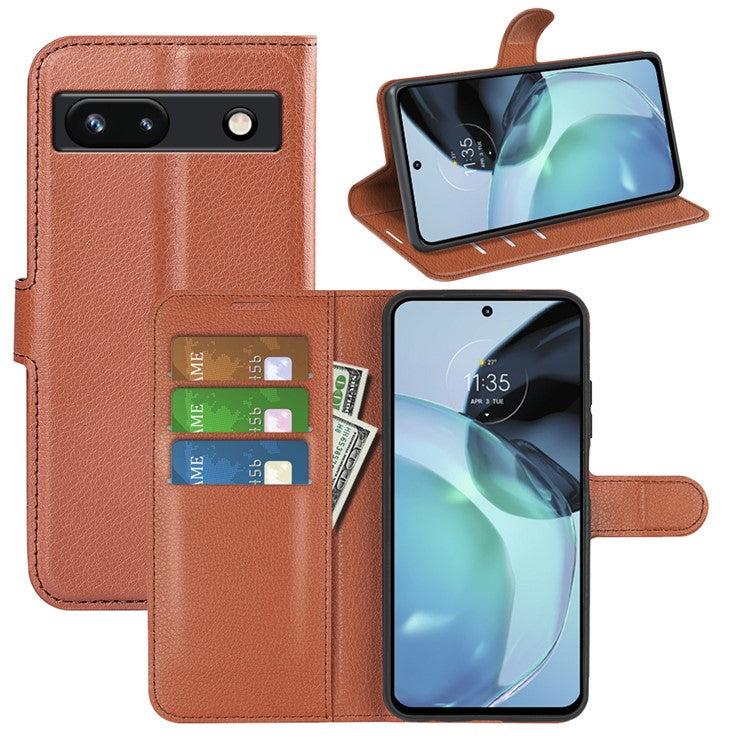 PU Leather Shell for Google Pixel 7a Drop-proof Litchi Texture Phone Case Wallet Stand Flip Cover - Brown