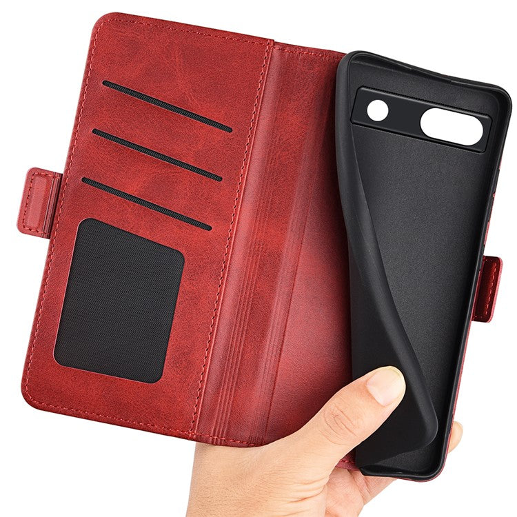 Flip Shell for Google Pixel 7a Calf Texture Cell Phone Cover Stand Wallet PU Leather Phone Case - Red
