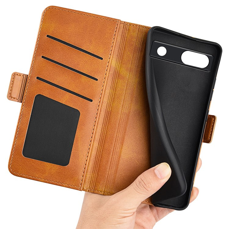 Flip Shell for Google Pixel 7a Calf Texture Cell Phone Cover Stand Wallet PU Leather Phone Case - Yellow