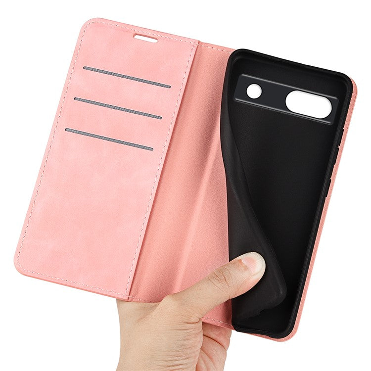 For Google Pixel 7a Magnetic Auto Closing Wallet Leather Phone Case Skin-touch Stand Anti-drop Shell - Pink