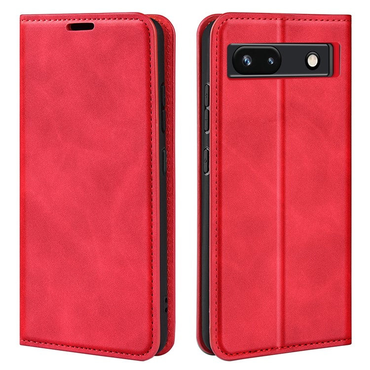 For Google Pixel 7a Magnetic Auto Closing Wallet Leather Phone Case Skin-touch Stand Anti-drop Shell - Red