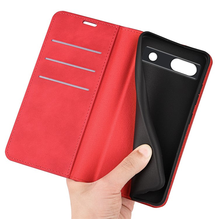 For Google Pixel 7a Magnetic Auto Closing Wallet Leather Phone Case Skin-touch Stand Anti-drop Shell - Red