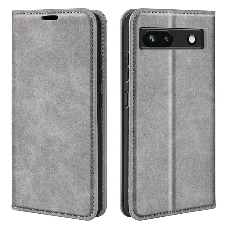 For Google Pixel 7a Magnetic Auto Closing Wallet Leather Phone Case Skin-touch Stand Anti-drop Shell - Grey