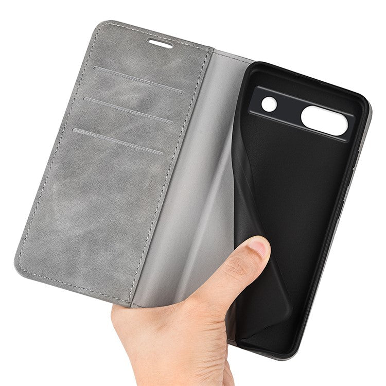 For Google Pixel 7a Magnetic Auto Closing Wallet Leather Phone Case Skin-touch Stand Anti-drop Shell - Grey