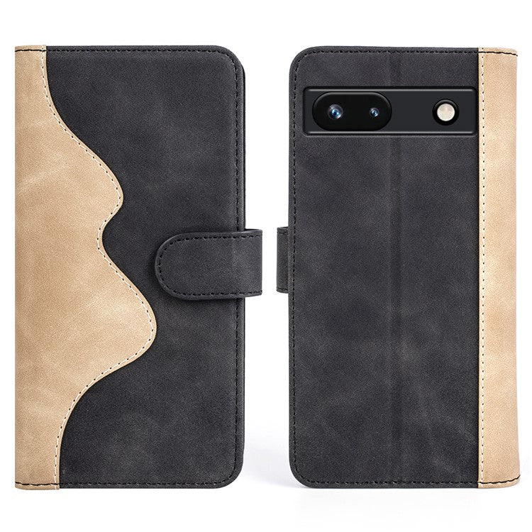 For Google Pixel 7a Leather Wallet Shockproof Phone Cover Dual Color Splicing Flip Stand Case - Black