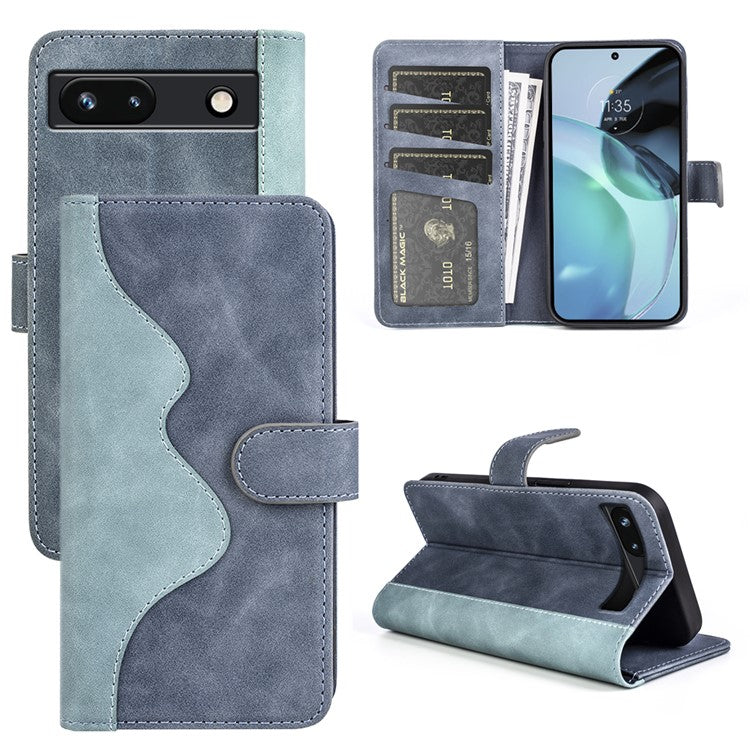 For Google Pixel 7a Leather Wallet Shockproof Phone Cover Dual Color Splicing Flip Stand Case - Blue