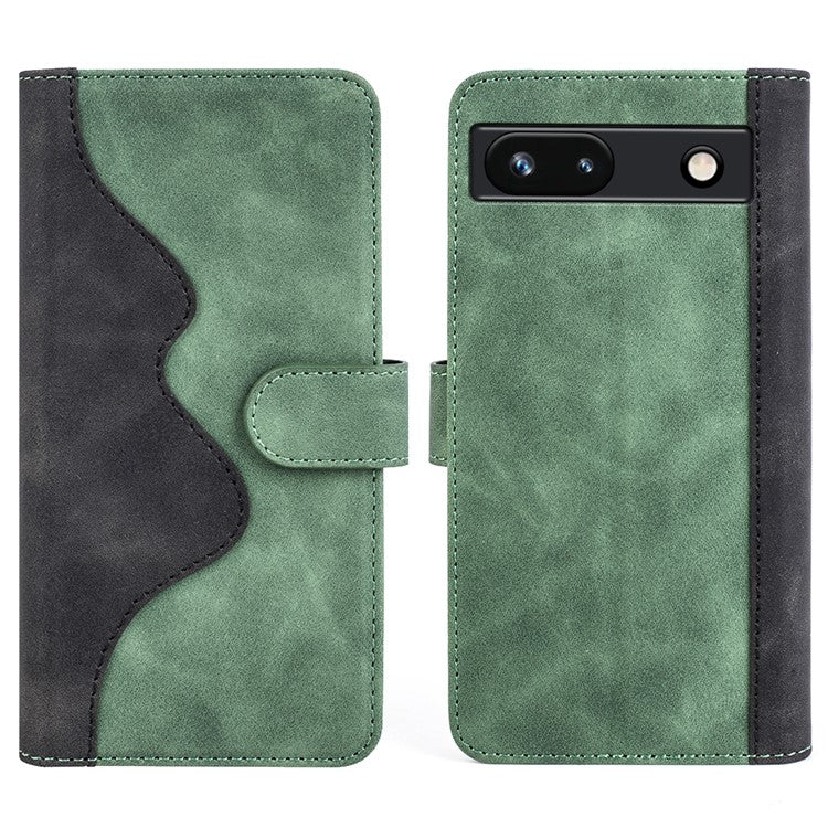 For Google Pixel 7a Leather Wallet Shockproof Phone Cover Dual Color Splicing Flip Stand Case - Green
