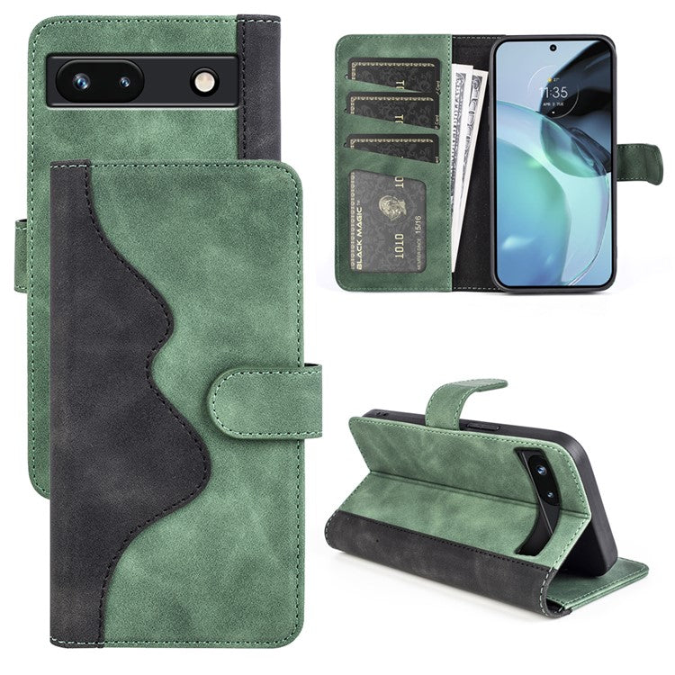 For Google Pixel 7a Leather Wallet Shockproof Phone Cover Dual Color Splicing Flip Stand Case - Green