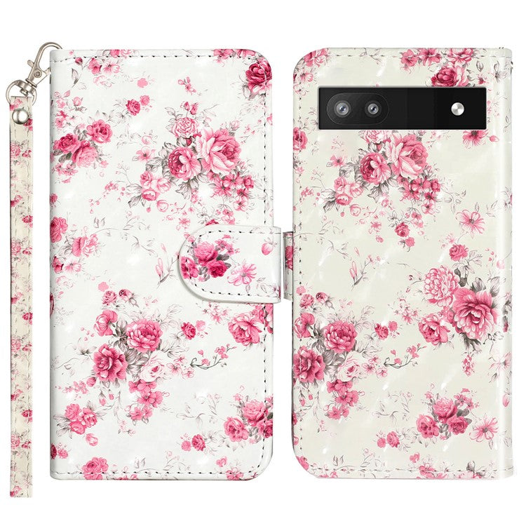 For Google Pixel 7a PU Leather 3D Pattern Printing Phone Case Stand Wallet Flip Cover with Strap - Roses