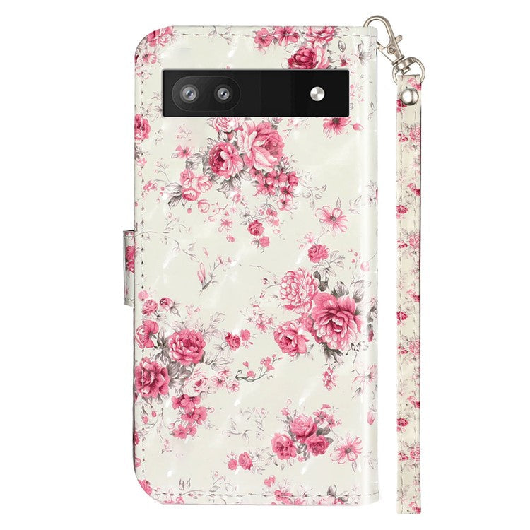 For Google Pixel 7a PU Leather 3D Pattern Printing Phone Case Stand Wallet Flip Cover with Strap - Roses
