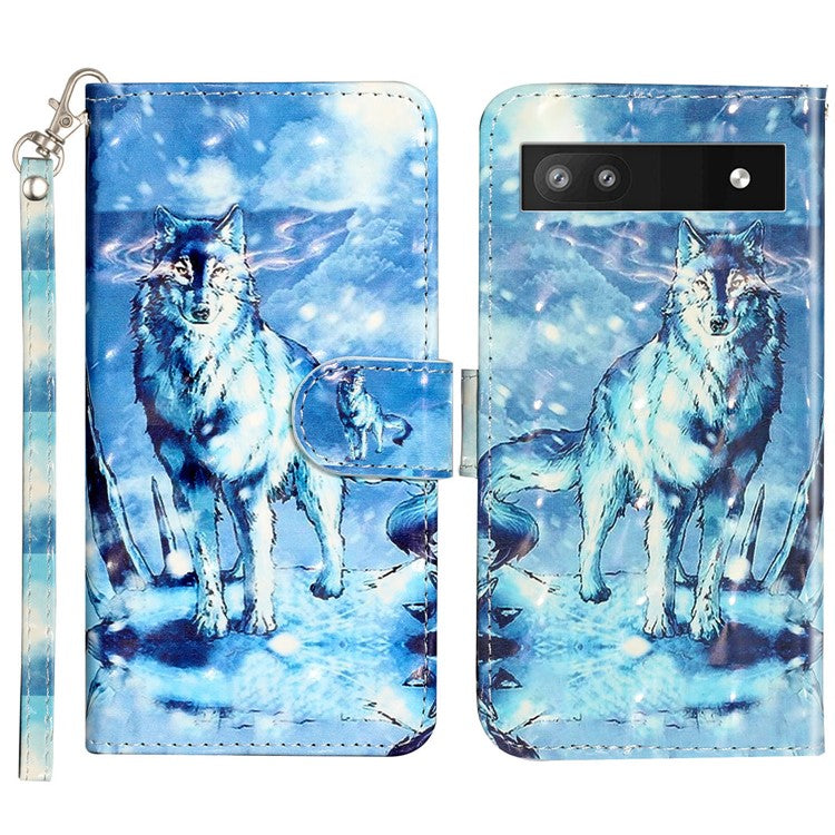 For Google Pixel 7a PU Leather 3D Pattern Printing Phone Case Stand Wallet Flip Cover with Strap - Snow Wolf