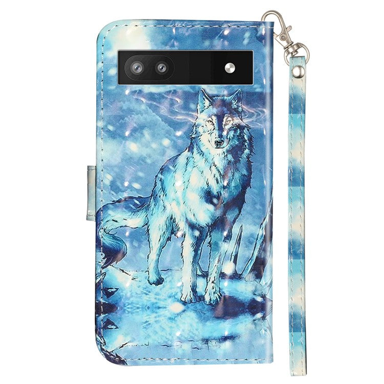 For Google Pixel 7a PU Leather 3D Pattern Printing Phone Case Stand Wallet Flip Cover with Strap - Snow Wolf