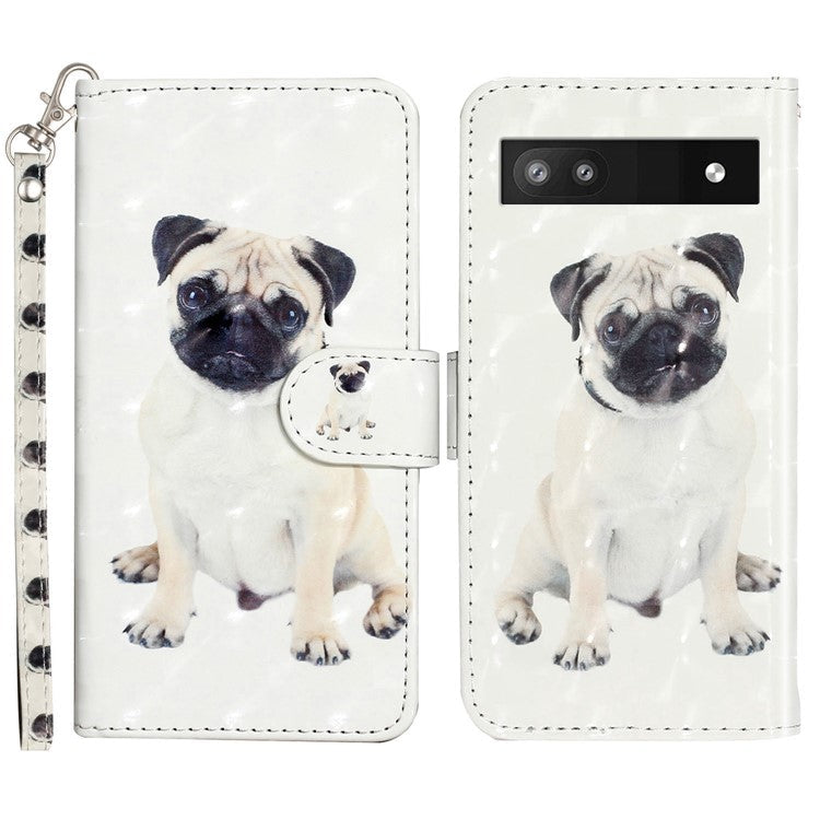 For Google Pixel 7a PU Leather 3D Pattern Printing Phone Case Stand Wallet Flip Cover with Strap - Dog