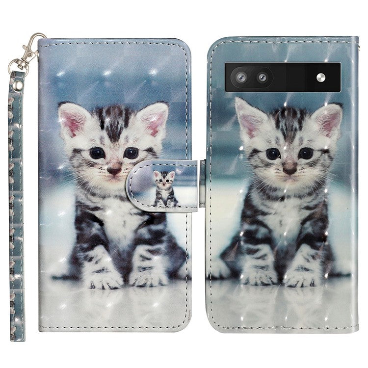 For Google Pixel 7a PU Leather 3D Pattern Printing Phone Case Stand Wallet Flip Cover with Strap - Cat