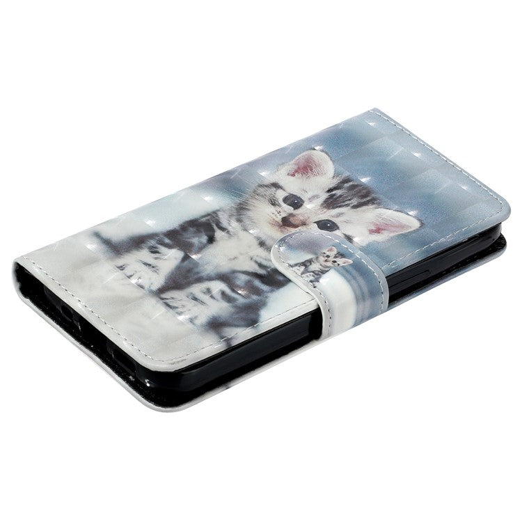 For Google Pixel 7a PU Leather 3D Pattern Printing Phone Case Stand Wallet Flip Cover with Strap - Cat