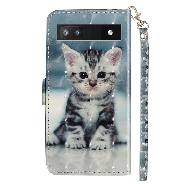 For Google Pixel 7a PU Leather 3D Pattern Printing Phone Case Stand Wallet Flip Cover with Strap - Cat