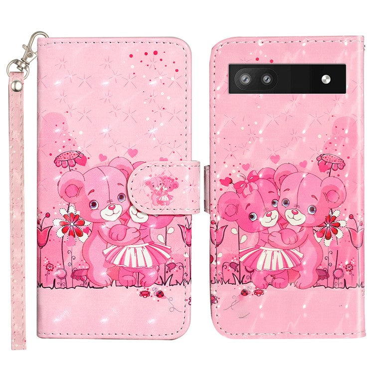 For Google Pixel 7a PU Leather 3D Pattern Printing Phone Case Stand Wallet Flip Cover with Strap - Bears
