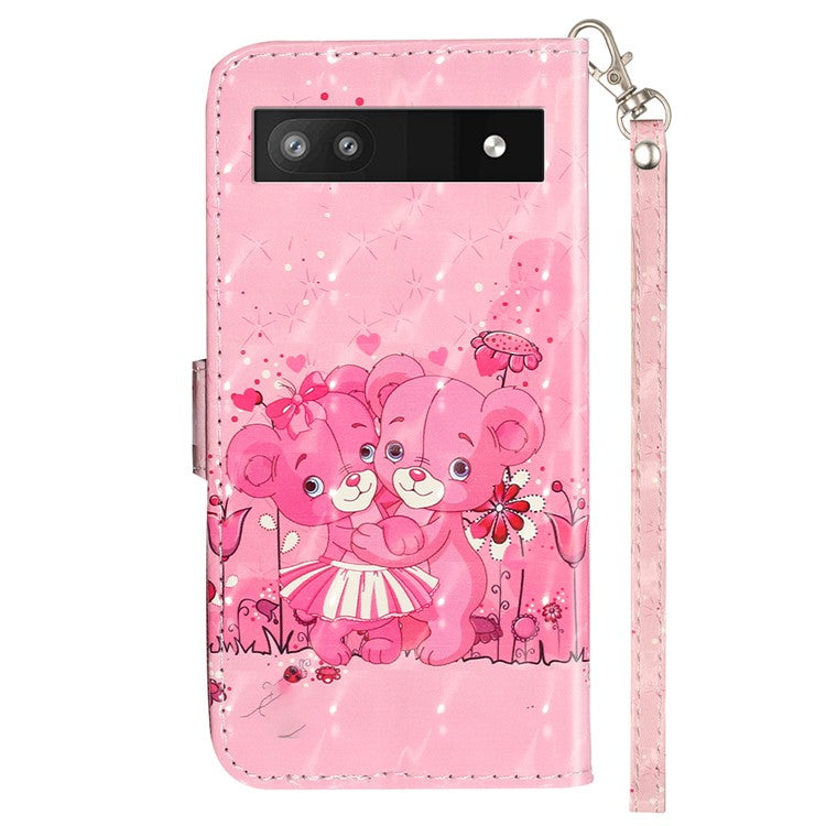 For Google Pixel 7a PU Leather 3D Pattern Printing Phone Case Stand Wallet Flip Cover with Strap - Bears