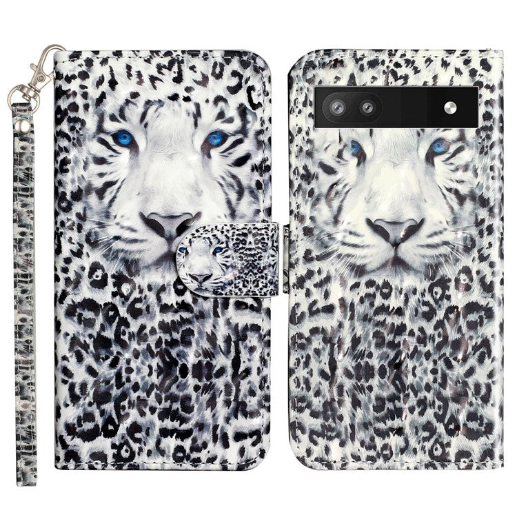 For Google Pixel 7a PU Leather 3D Pattern Printing Phone Case Stand Wallet Flip Cover with Strap - Leopard