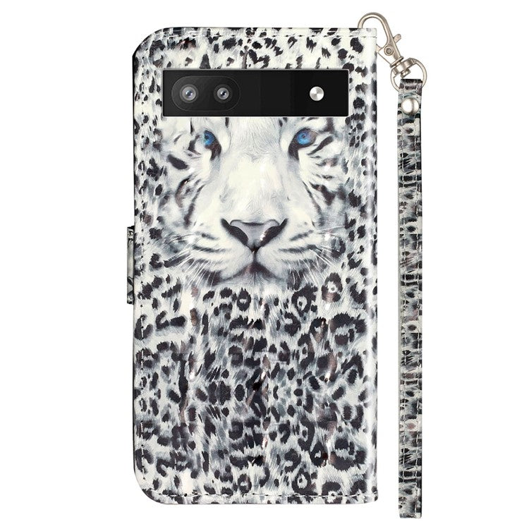 For Google Pixel 7a PU Leather 3D Pattern Printing Phone Case Stand Wallet Flip Cover with Strap - Leopard