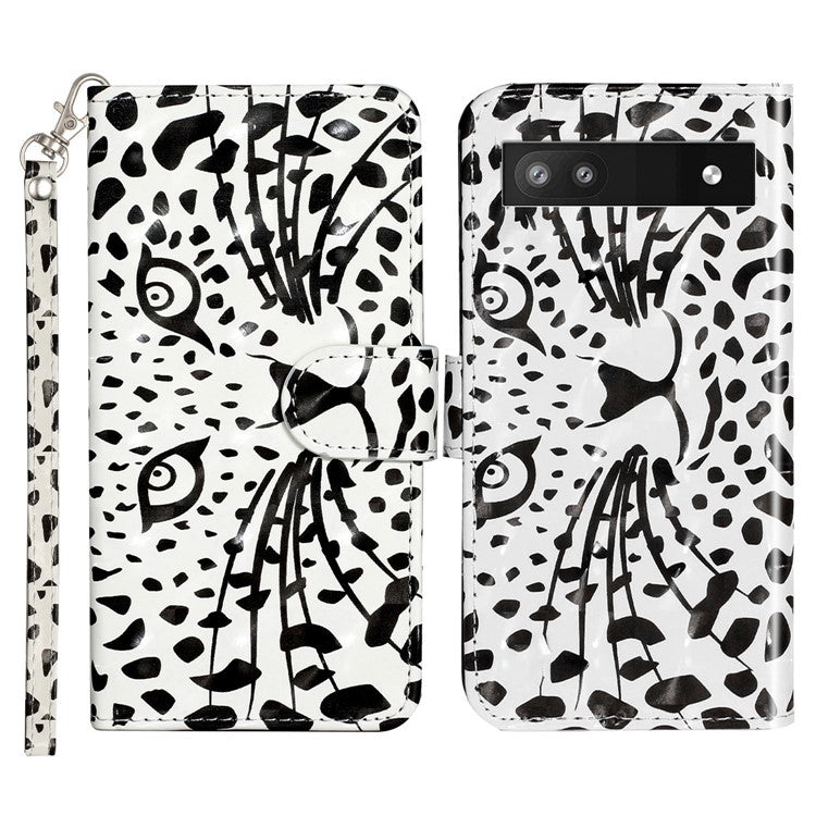 For Google Pixel 7a PU Leather 3D Pattern Printing Phone Case Stand Wallet Flip Cover with Strap - Leopard Head