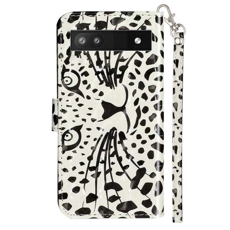 For Google Pixel 7a PU Leather 3D Pattern Printing Phone Case Stand Wallet Flip Cover with Strap - Leopard Head