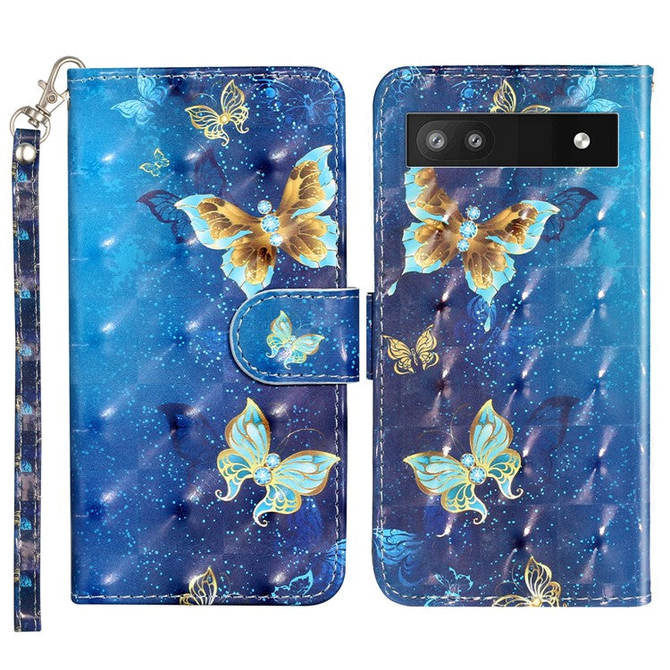 For Google Pixel 7a PU Leather 3D Pattern Printing Phone Case Stand Wallet Flip Cover with Strap - Blue Gold Butterflies