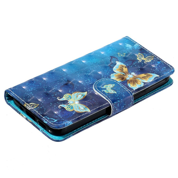 For Google Pixel 7a PU Leather 3D Pattern Printing Phone Case Stand Wallet Flip Cover with Strap - Blue Gold Butterflies