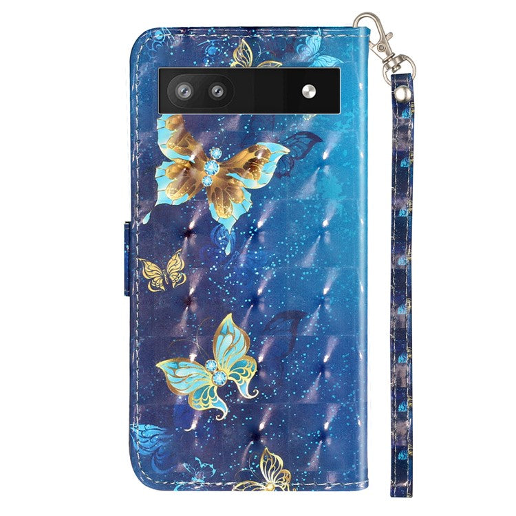For Google Pixel 7a PU Leather 3D Pattern Printing Phone Case Stand Wallet Flip Cover with Strap - Blue Gold Butterflies
