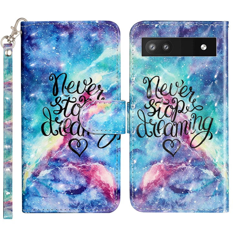 For Google Pixel 7a PU Leather 3D Pattern Printing Phone Case Stand Wallet Flip Cover with Strap - Starry Sky