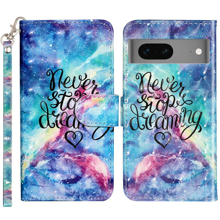 For Google Pixel 7 5G PU Leather Flip Wallet Case 3D Pattern Printing Stand Phone Cover with Strap - Starry Sky