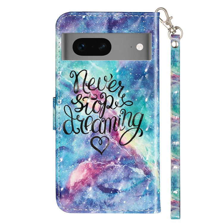 For Google Pixel 7 5G PU Leather Flip Wallet Case 3D Pattern Printing Stand Phone Cover with Strap - Starry Sky