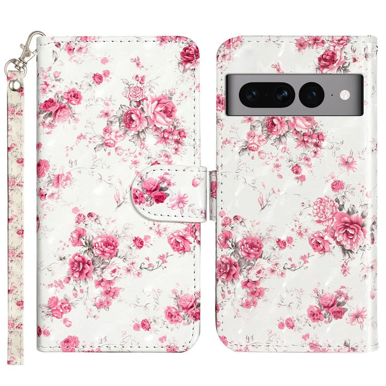For Google Pixel 7 Pro 5G Flip Stand Phone Case 3D Pattern Printing PU Leather Wallet Phone Folio Cover with Strap - Roses