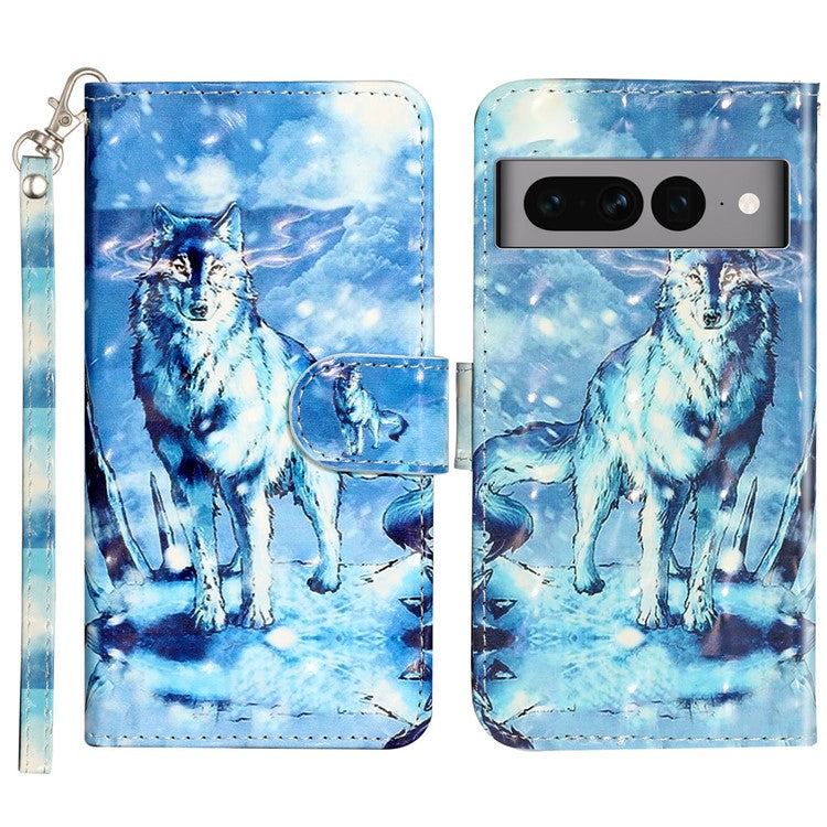 For Google Pixel 7 Pro 5G Flip Stand Phone Case 3D Pattern Printing PU Leather Wallet Phone Folio Cover with Strap - Snow Wolf