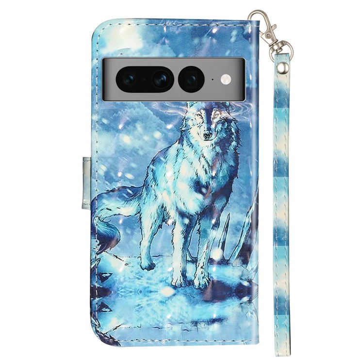 For Google Pixel 7 Pro 5G Flip Stand Phone Case 3D Pattern Printing PU Leather Wallet Phone Folio Cover with Strap - Snow Wolf