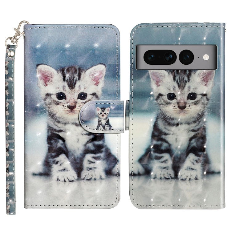 For Google Pixel 7 Pro 5G Flip Stand Phone Case 3D Pattern Printing PU Leather Wallet Phone Folio Cover with Strap - Cat