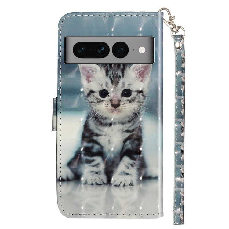 For Google Pixel 7 Pro 5G Flip Stand Phone Case 3D Pattern Printing PU Leather Wallet Phone Folio Cover with Strap - Cat