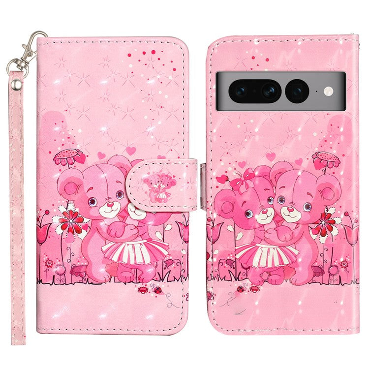 For Google Pixel 7 Pro 5G Flip Stand Phone Case 3D Pattern Printing PU Leather Wallet Phone Folio Cover with Strap - Bears
