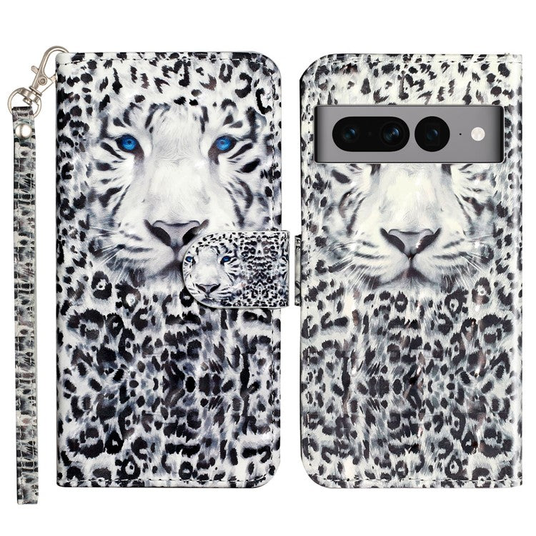 For Google Pixel 7 Pro 5G Flip Stand Phone Case 3D Pattern Printing PU Leather Wallet Phone Folio Cover with Strap - Leopard