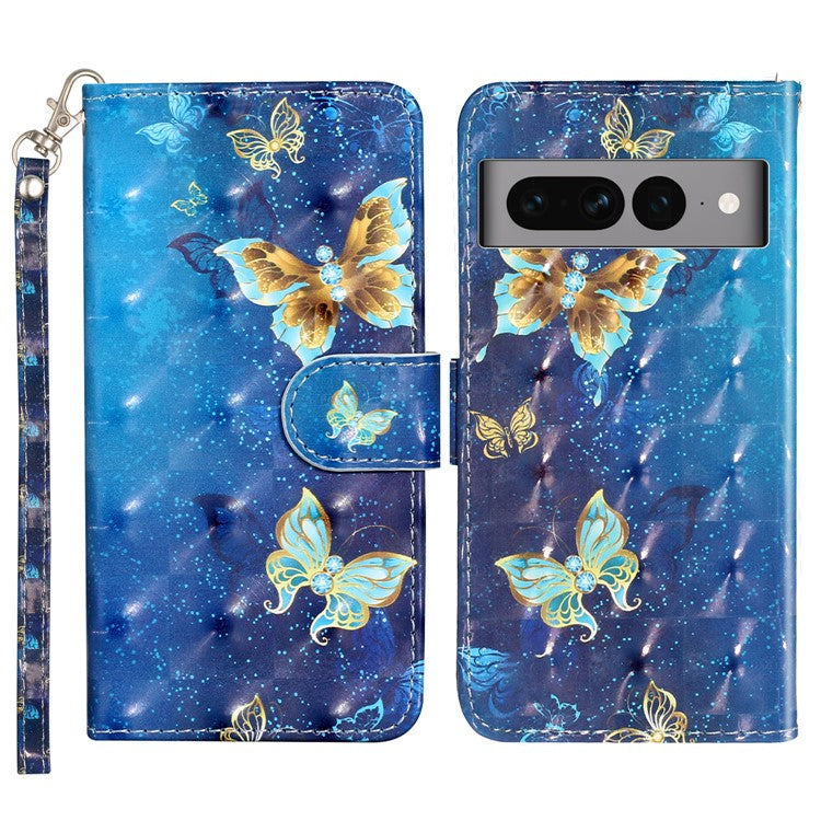 For Google Pixel 7 Pro 5G Flip Stand Phone Case 3D Pattern Printing PU Leather Wallet Phone Folio Cover with Strap - Blue Gold Butterflies