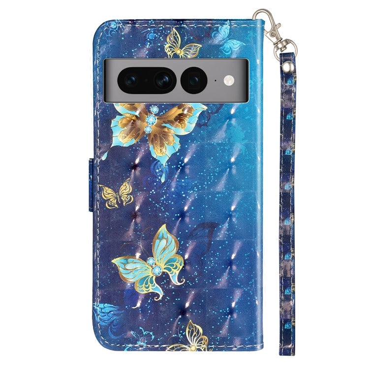 For Google Pixel 7 Pro 5G Flip Stand Phone Case 3D Pattern Printing PU Leather Wallet Phone Folio Cover with Strap - Blue Gold Butterflies