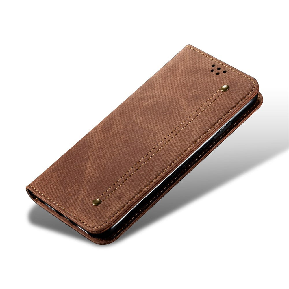 For Samsung Galaxy M54 5G / F54 5G Anti-Scratch Phone Case PU Leather Jeans Cloth Texture Wallet Stand Phone Cover - Coffee
