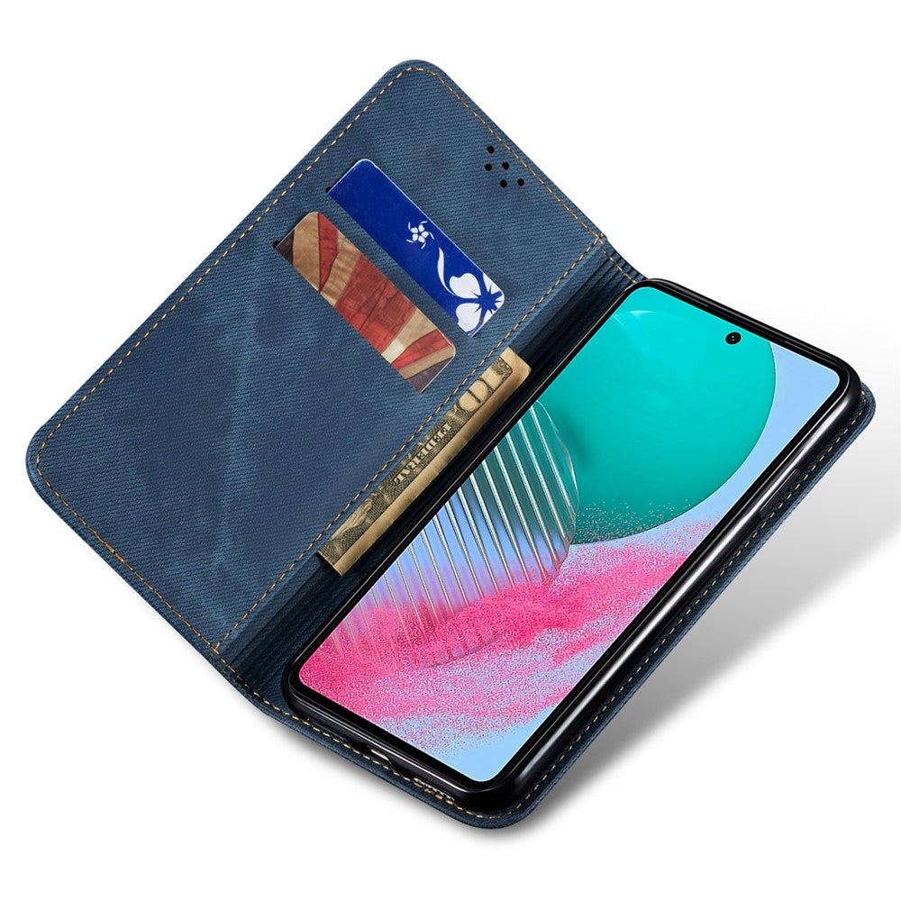 For Samsung Galaxy M54 5G / F54 5G Anti-Scratch Phone Case PU Leather Jeans Cloth Texture Wallet Stand Phone Cover - Blue